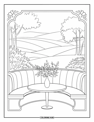 Coloriage de chambre pour adultes : Coin petit-déjeuner avec banquette arrondie, table et vase de feuilles