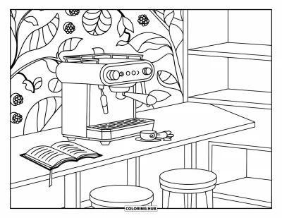 Coloriage de chambre pour adultes : Coin café avec tabourets, machine à expresso, livre de recettes et fond à motifs de feuilles
