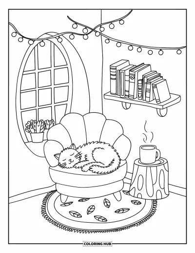 Coloriage de chambre pour adultes : Mezzanine de coin avec siège moelleux, livres, thé, guirlandes lumineuses et chat endormi