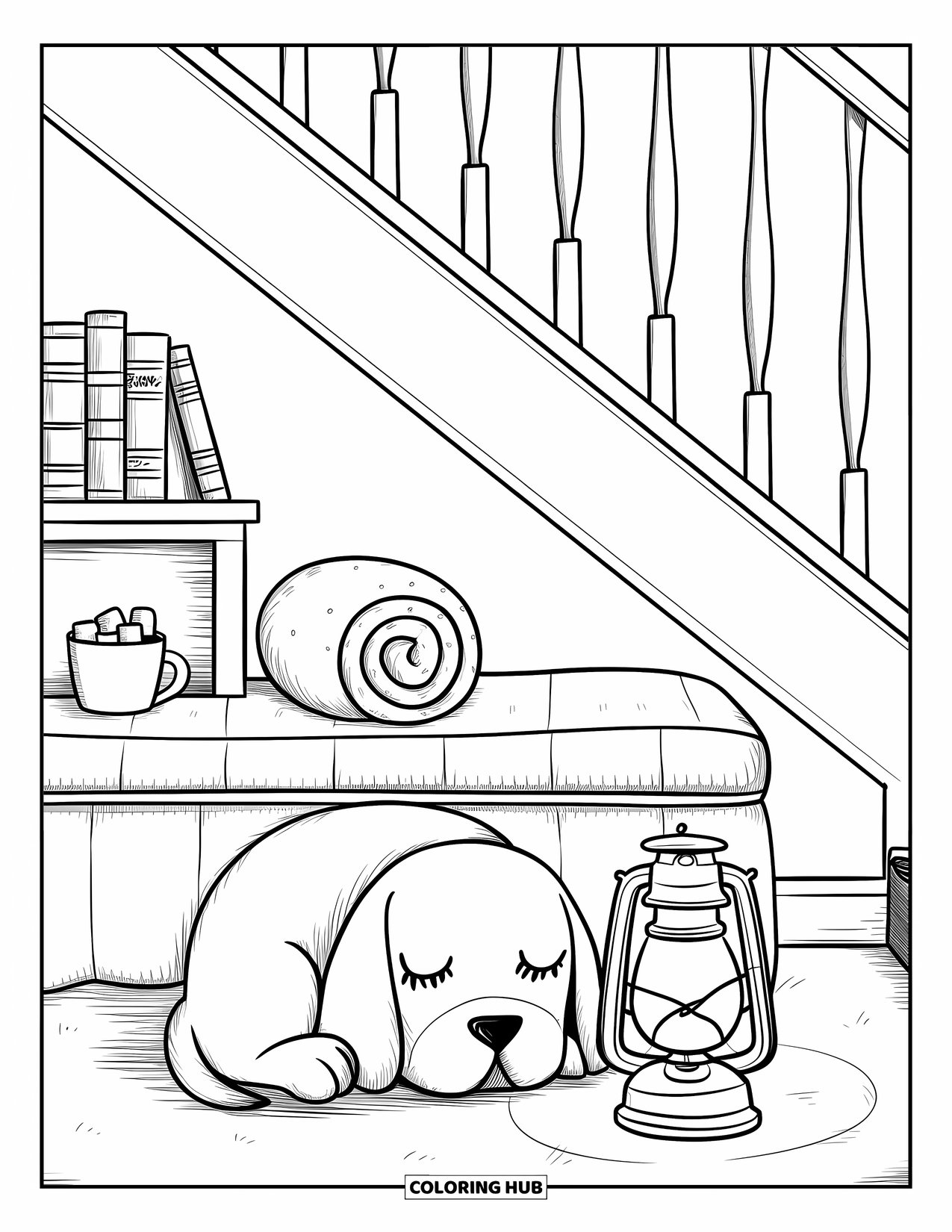 Room Coloring Page for Adults: Cozy alcove with bench, sleepy puppy, bookshelf, and a glowing lantern