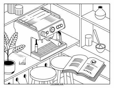 Coloriage de chambre pour adultes : Coin café chaleureux avec machine à expresso, carnet, petit vase et cuillère