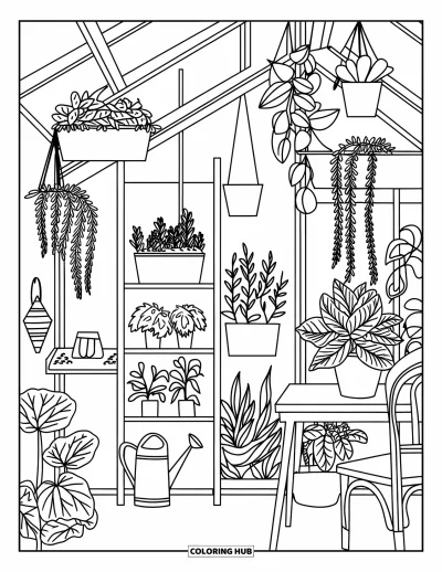 Coloriage de chambre pour adultes : Chambre végétale avec table, chaise, arrosoir et décorations murales