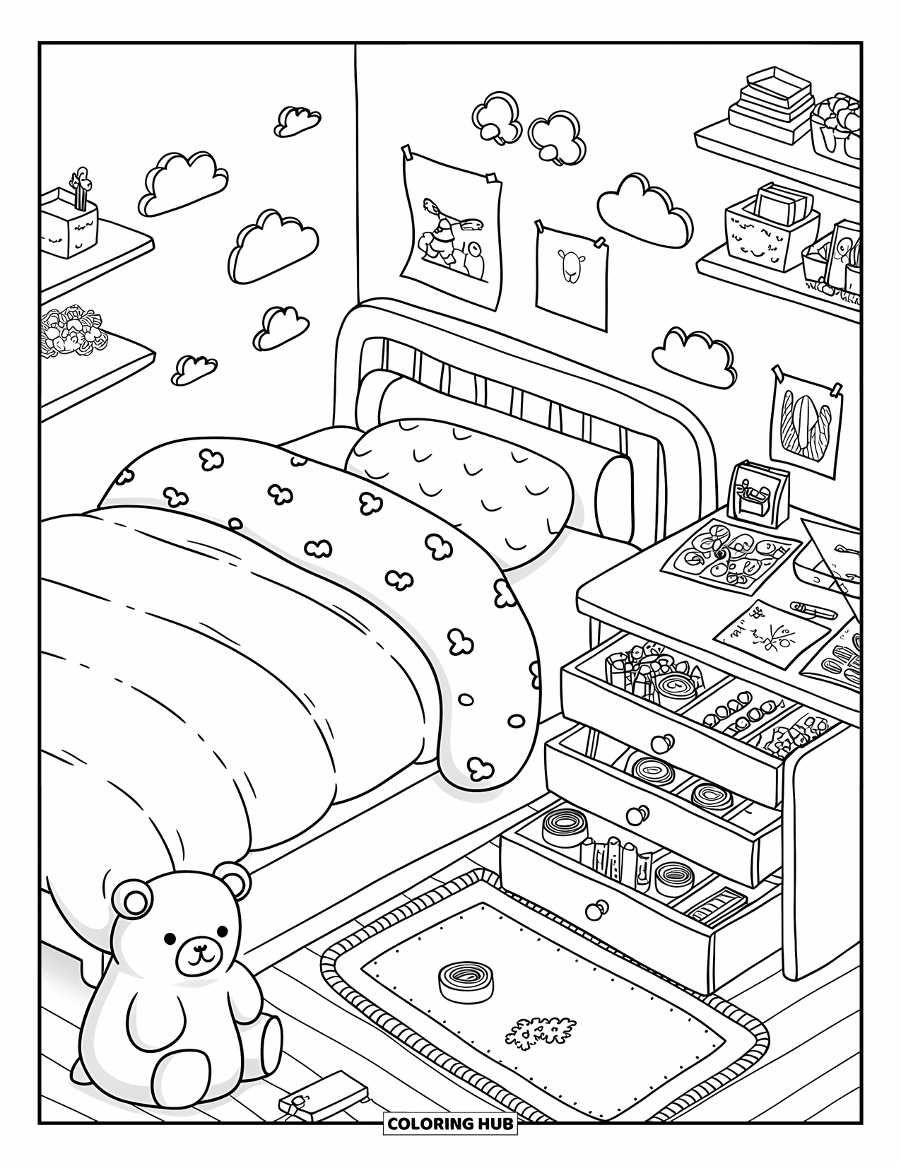 Room Coloring Page for Adults: Cozy room with bed, plush bear, tapes, posters, and cloud shelves