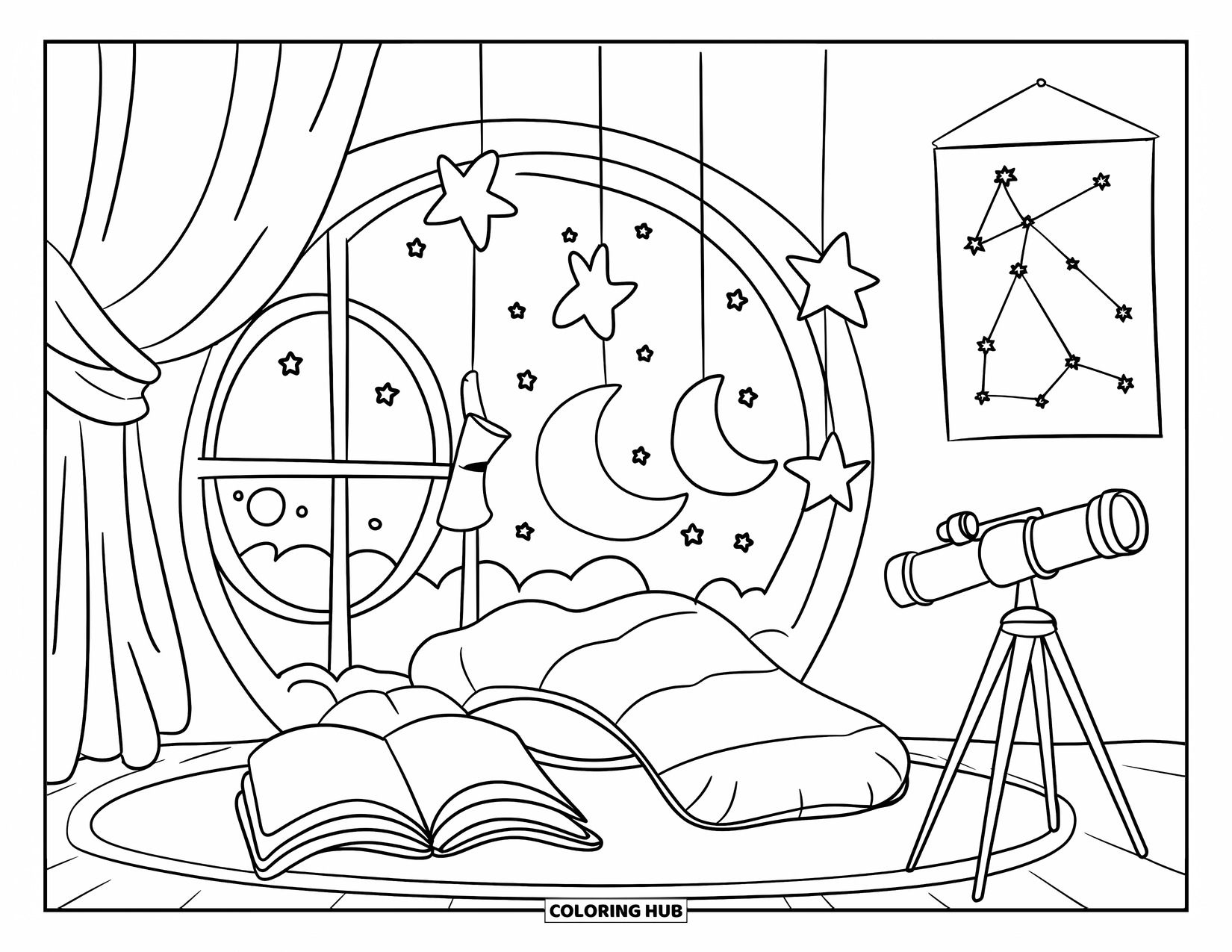 Room Coloring Page for Adults: Cozy space with telescope, pillow fort, circular window, and constellation poster