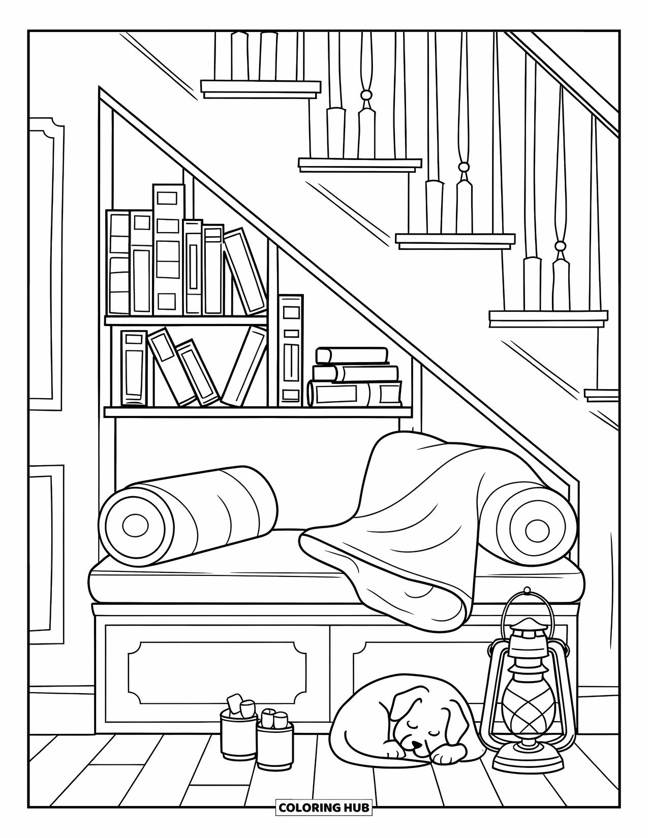Room Coloring Page for Adults: Cozy staircase nook with puppy, marshmallow cup, books, and a lantern