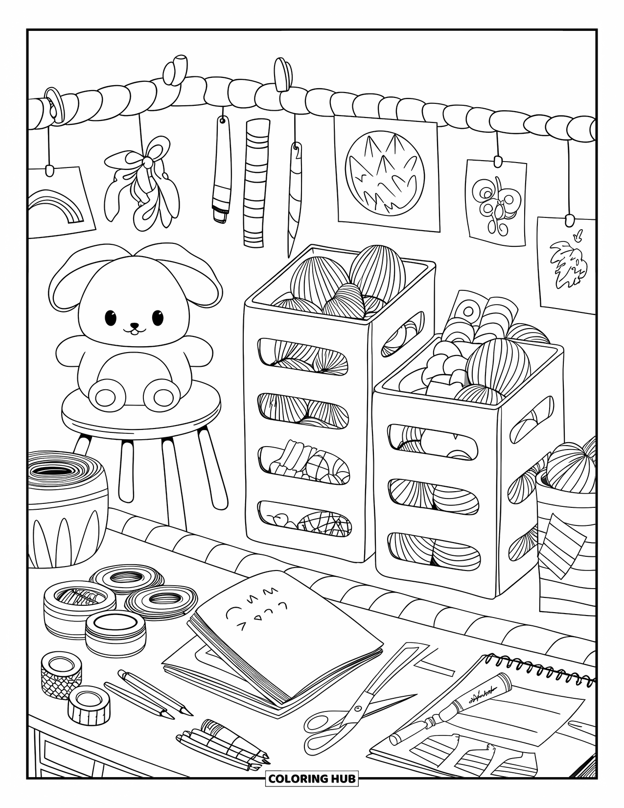 Room Coloring Page for Adults: Craft room with a low desk, plush bunny, hanging art, and stacked crates