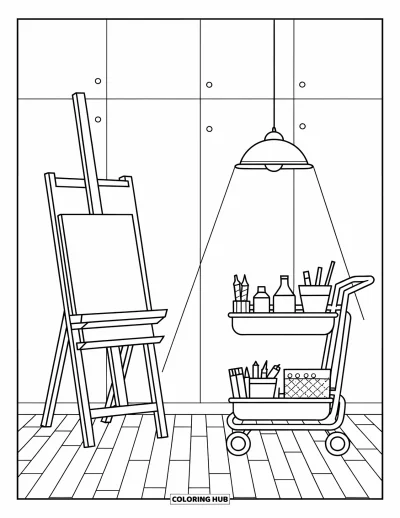 Coloriage de chambre pour adultes : Espace créatif avec chevalet, chariot de fournitures, lampe suspendue et murs épurés