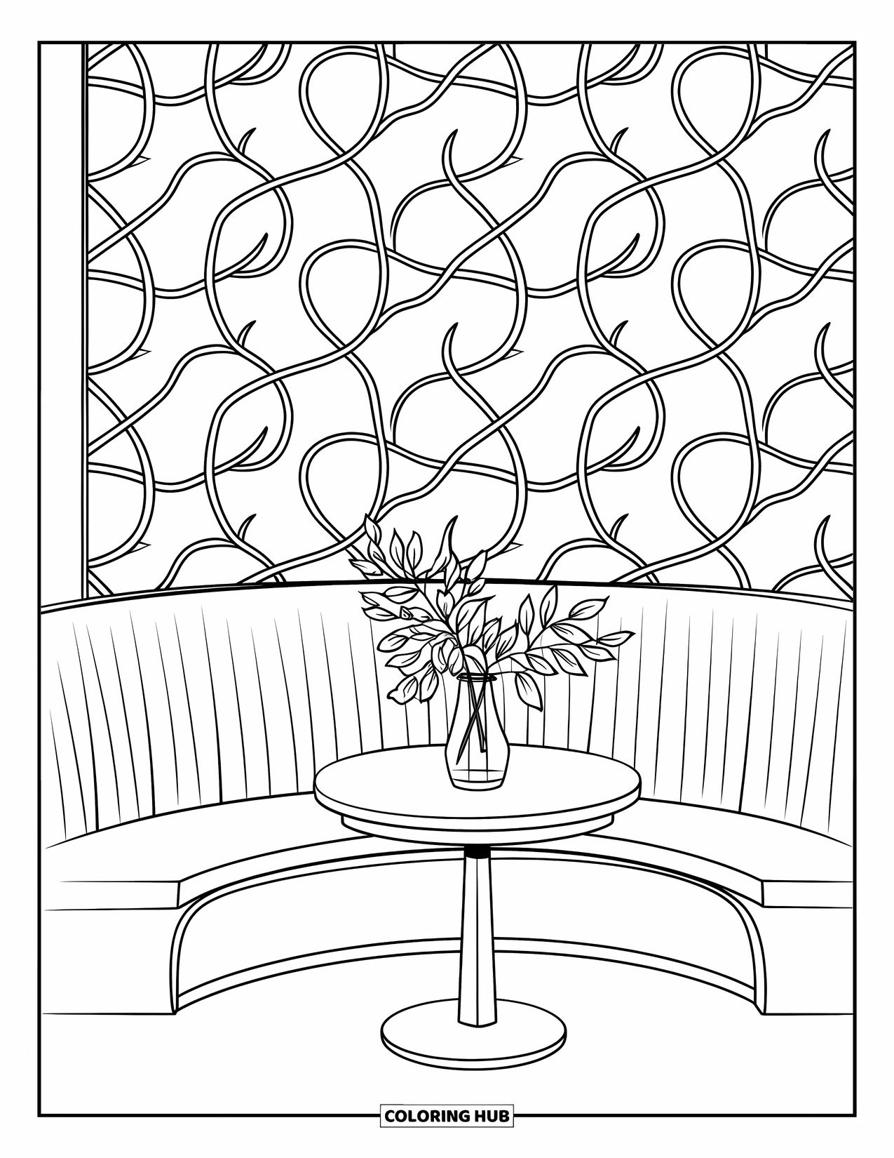 Room Coloring Page for Adults: Curved bench nook with vine patterns and a small table centerpiece