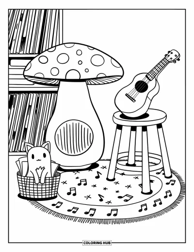 Coloriage de chambre pour adultes : Joli coin avec enceinte champignon, peluche de renard, ukulélé et notes de musique