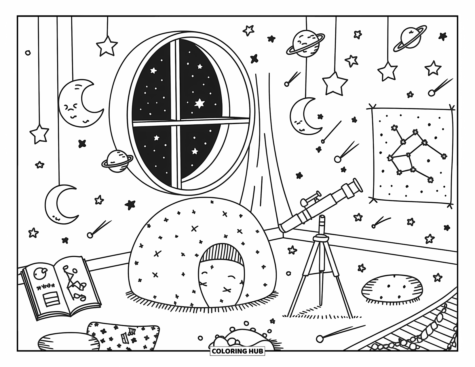 Room Coloring Page for Adults: Cute room filled with stars, telescope, pillow fort, and adorable space doodles