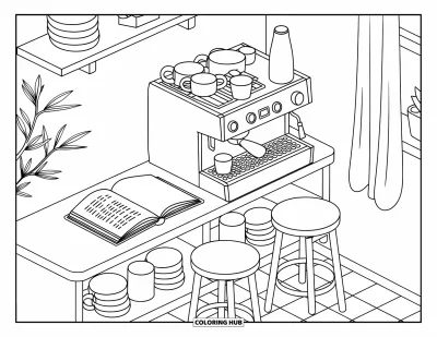 Coloriage de chambre pour adultes : Station à expresso avec tabourets, tasses, bouteille de lait, plante et fenêtre à rideaux