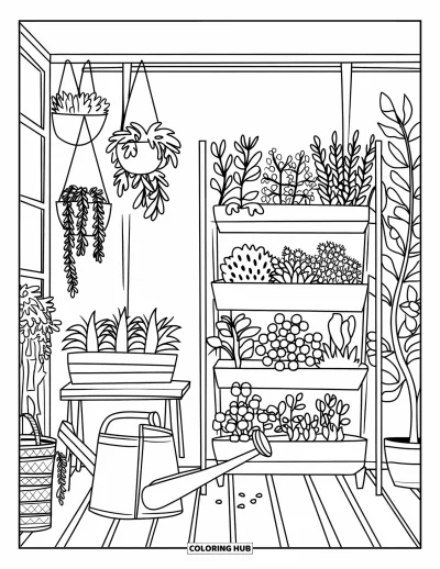 Coloriage de chambre pour adultes : Serre avec plantes, parquet, paniers et pots suspendus