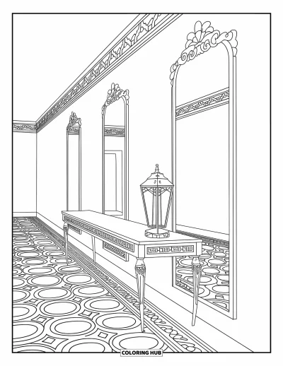 Coloriage de chambre pour adultes : Couloir avec miroirs, console, lampe lanterne et sol à motifs