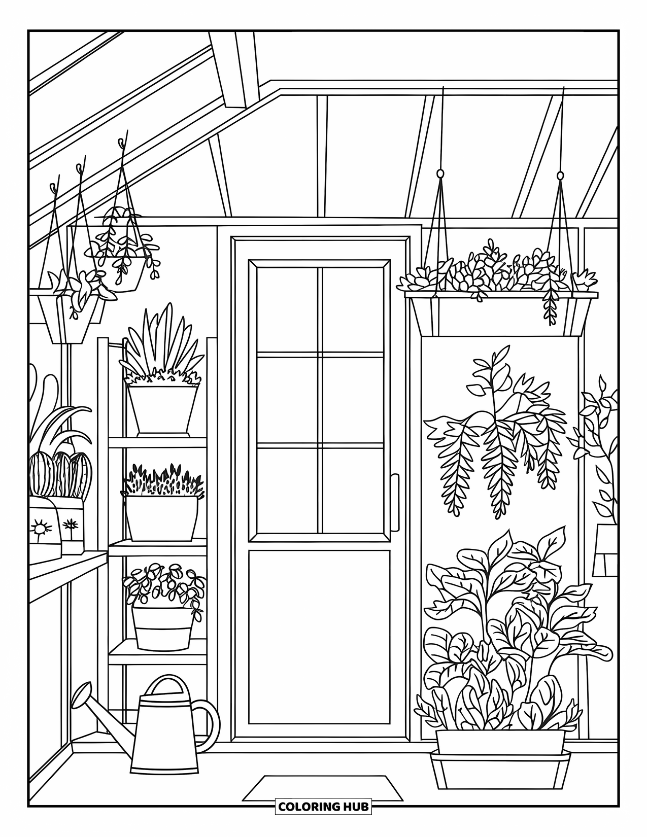 Room Coloring Page for Adults: Indoor greenhouse with hanging planters, shelves, and a watering can