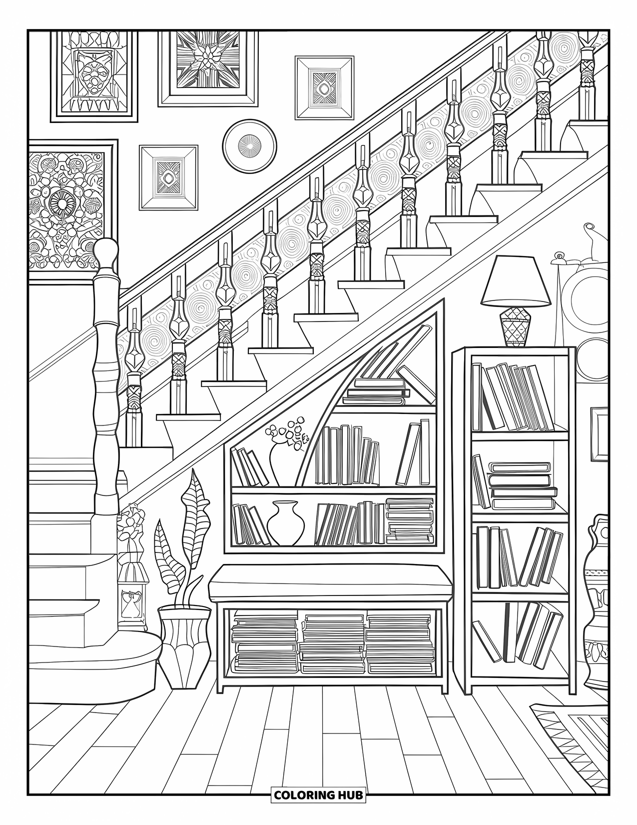 Room Coloring Page for Adults: Indoor landing with books, gallery wall, plants, and a bench under stairs