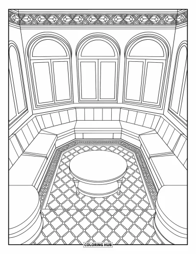 Coloriage de chambre pour adultes : Salon avec motifs, fenêtres en arche, table et banquettes intégrées