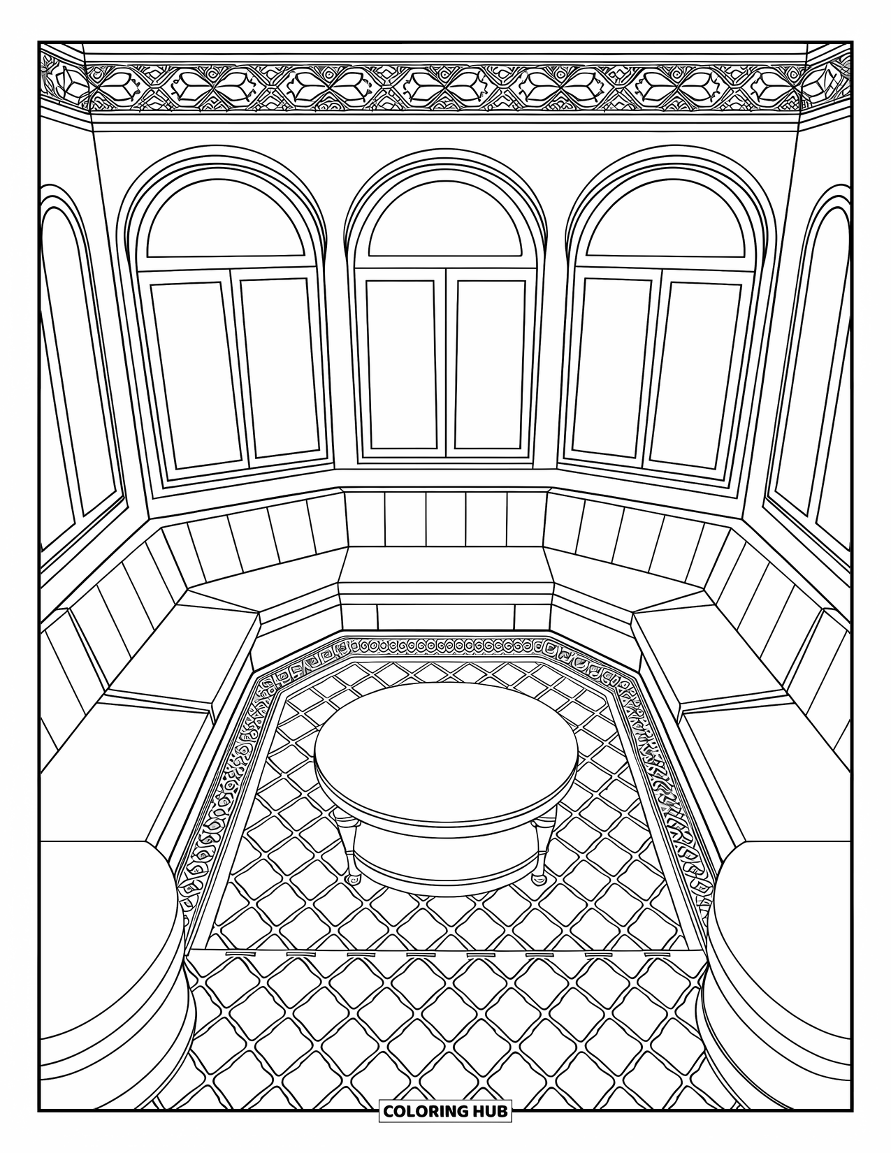 Room Coloring Page for Adults: Living room with patterns, arched windows, table, and built-in seating
