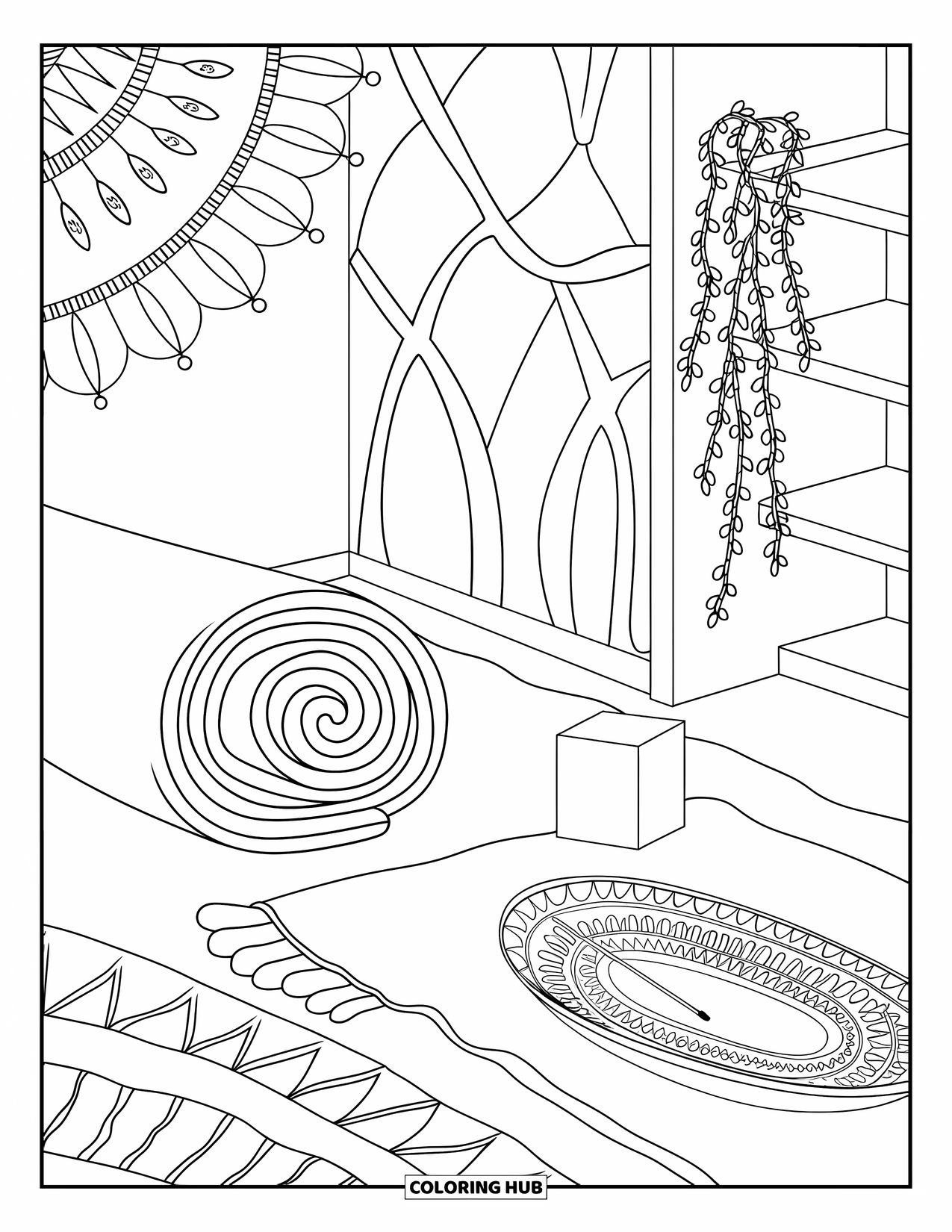 Room Coloring Page for Adults: Meditation area with folded mat, incense, shelf, and patterned background
