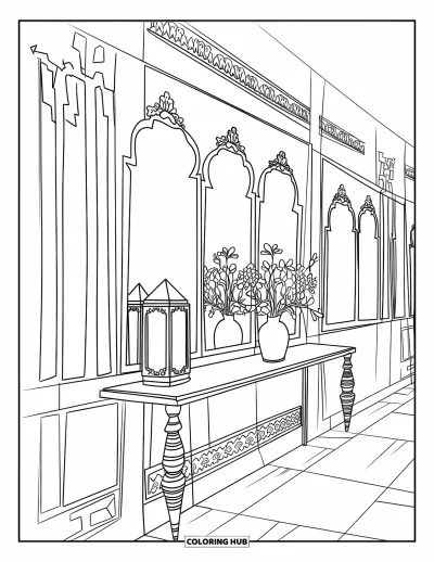 Coloriage de chambre pour adultes : Couloir aux miroirs avec carrelage, vase de fleurs, lampe lanterne et murs à motifs