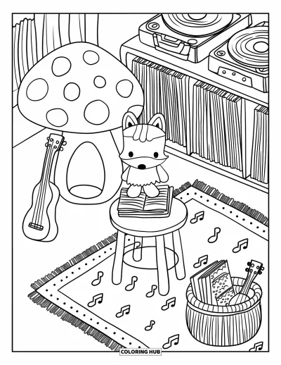Coloriage de chambre pour adultes : Coin musique avec ukulélé, enceinte champignon et peluche chibi de renard