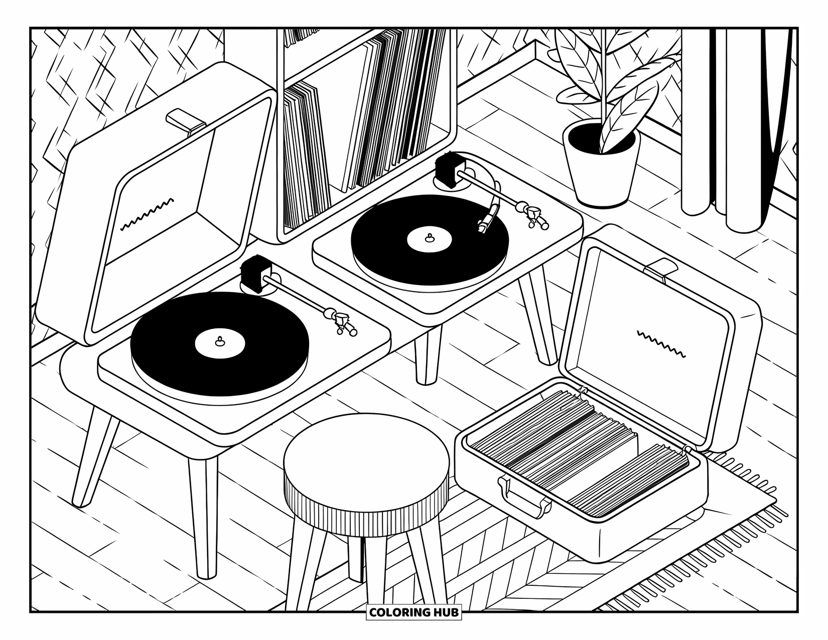 Room Coloring Page for Adults: Music room with record shelf, turntable, stool, and a patterned rug