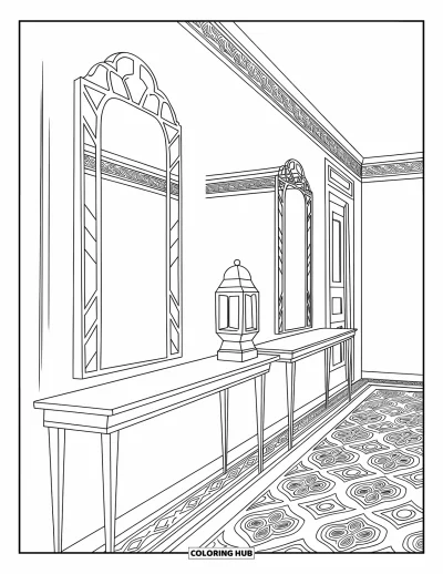 Coloriage de chambre pour adultes : Couloir étroit avec miroirs, table, lampe et motifs muraux détaillés