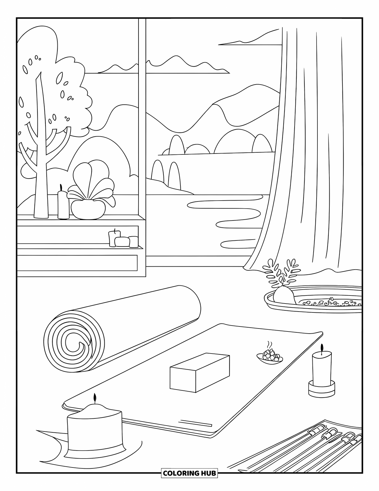 Room Coloring Page for Adults: Peaceful yoga room with mat, candles, curtain window, and a calm view