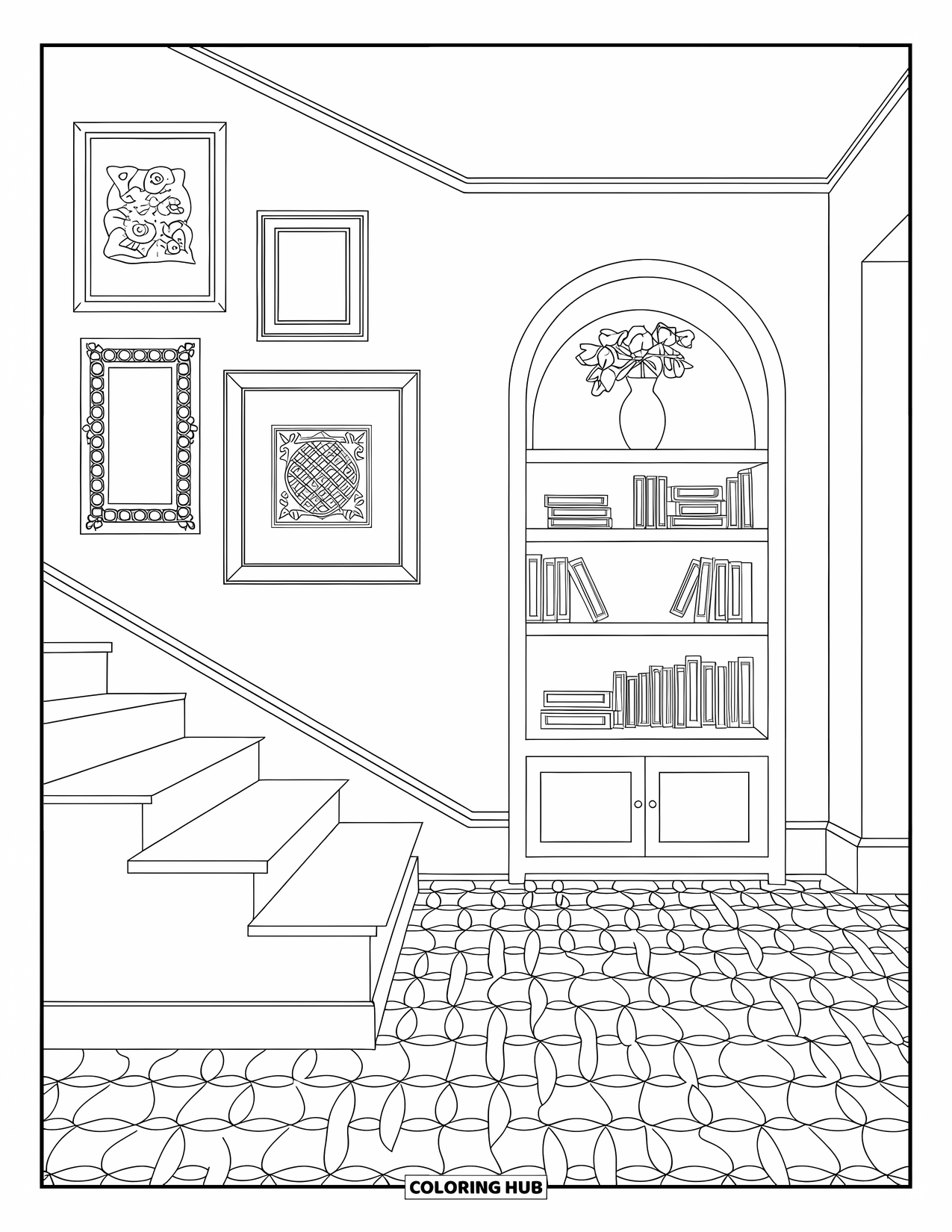 Room Coloring Page for Adults: Quiet corner with arched shelf, patterned floor, bench, and framed art