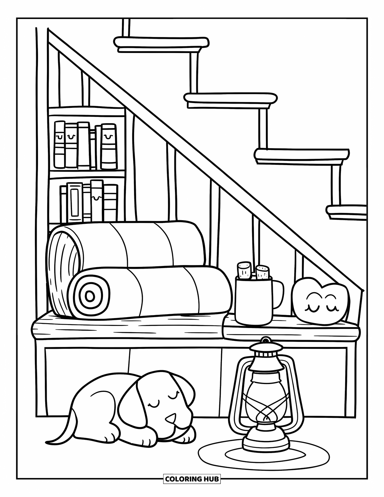 Room Coloring Page for Adults: Reading nook under stairs with a puppy, blanket, books, and a marshmallow cup