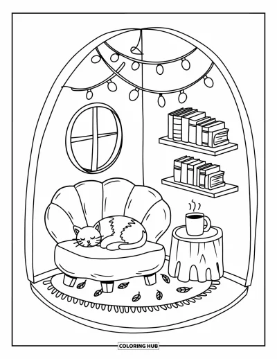 Coloriage de chambre pour adultes : Coin lecture avec un chat, grand pouf, table-tronc et guirlandes lumineuses scintillantes