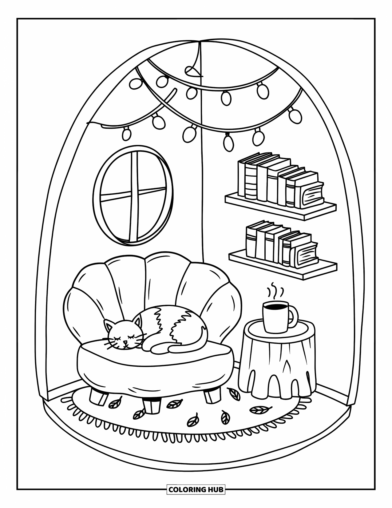 Room Coloring Page for Adults: Reading nook with a cat, puff chair, stump table, and glowing fairy lights