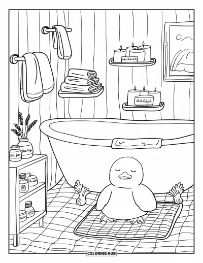 Coloriage de chambre pour adultes : Espace bain reposant avec éclairage doux, peluche canard et petit vase de lavande