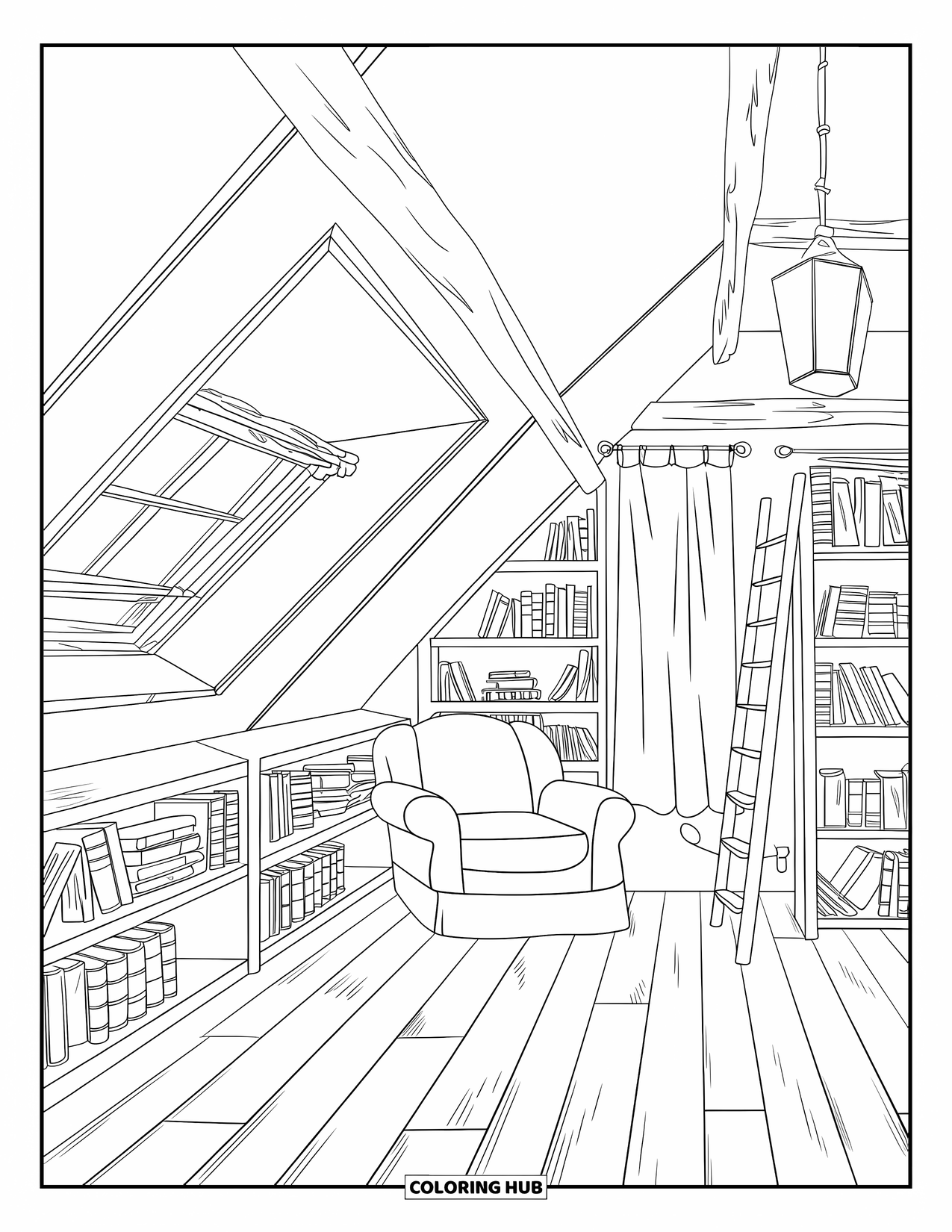 Room Coloring Page for Adults: Rustic attic reading nook with ladder shelf, curtain window, and a lantern