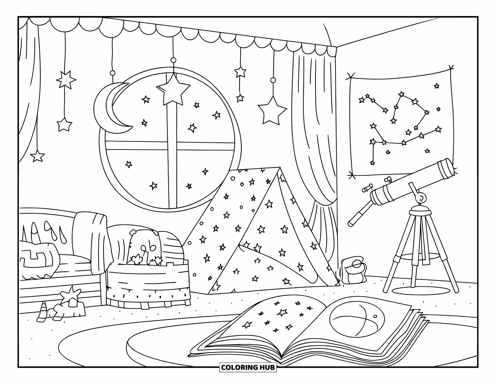 Room Coloring Page for Adults: Stargazing nook with soft seating, telescope, mobiles, and an open astronomy book
