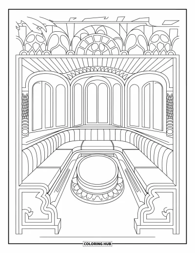 Coloriage de chambre pour adultes : Salon en contrebas avec banquettes intégrées, table ovale et fenêtres en arche