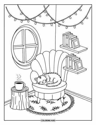 Coloriage de chambre pour adultes : Petite mezzanine avec grand pouf, chat endormi, tasse de thé et tapis à motifs de feuilles