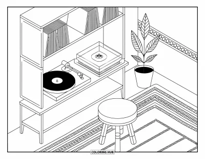 Coloriage de chambre pour adultes : Coin platine avec disques vinyle, tapis, plante et frise murale décorative