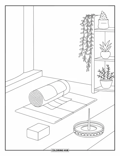 Coloriage de chambre pour adultes : Espace yoga avec tapis, brique de yoga, plateau d'encens et étagère de plantes