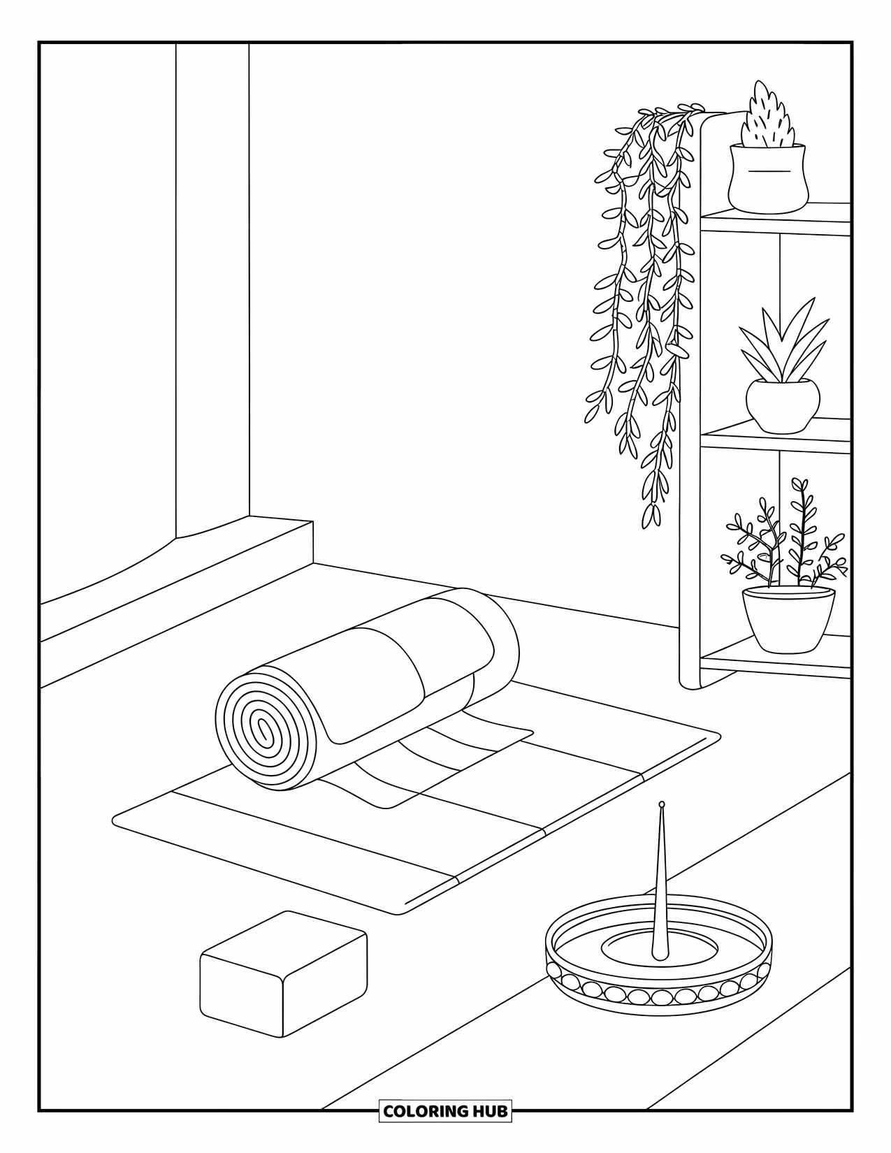 Room Coloring Page for Adults: Yoga space with mat, block, incense tray, and a plant shelf