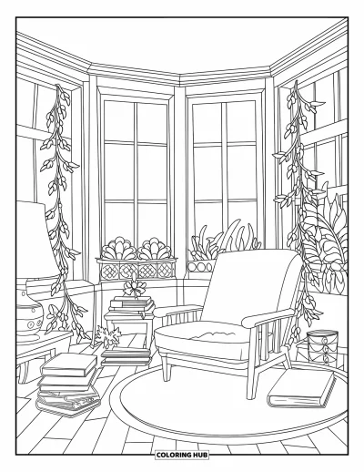 Coloriage de chambre pour enfants : Véranda lumineuse avec fauteuil confortable, livres, table basse et grandes fenêtres