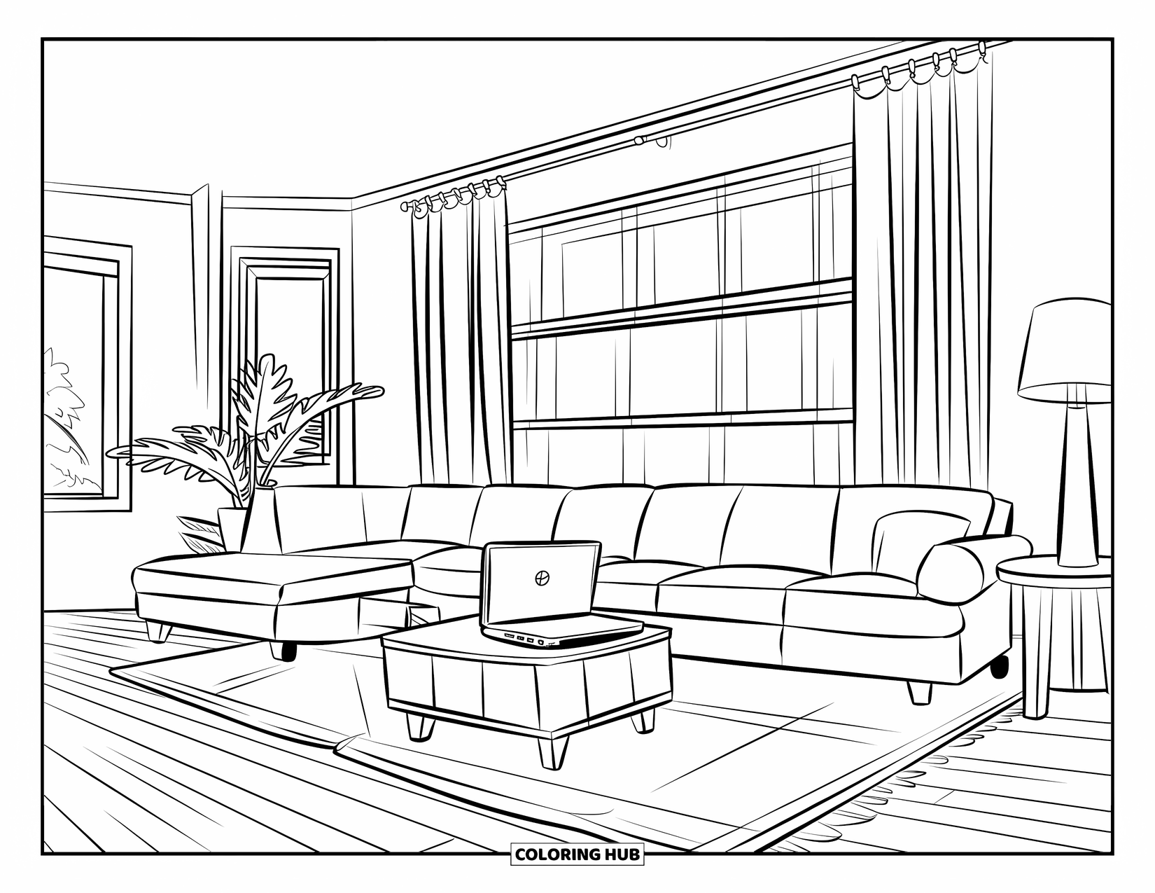 Room Coloring Page for Kids: A modern living room with a sectional sofa, side table, and an open laptop