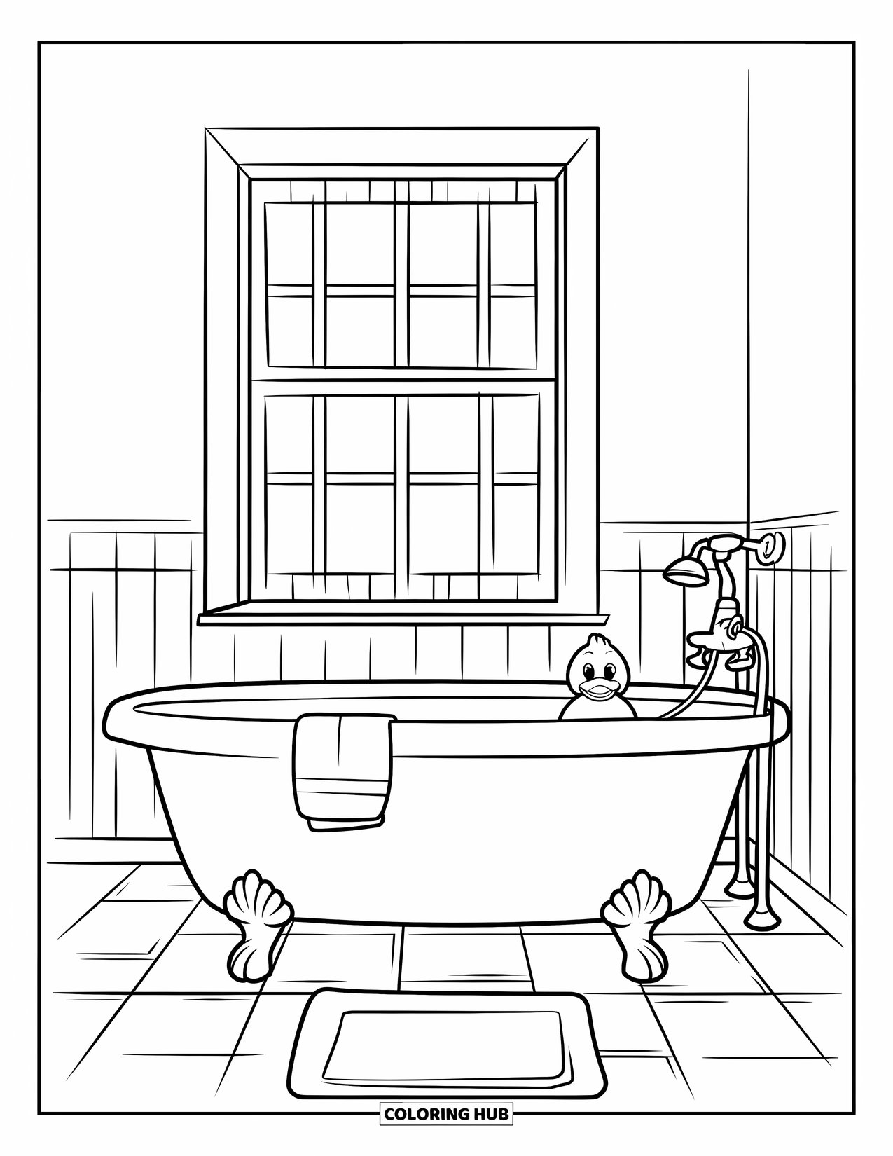 Room Coloring Page for Kids: Basic bathtub setup with a toy duck, towel rack, and a window
