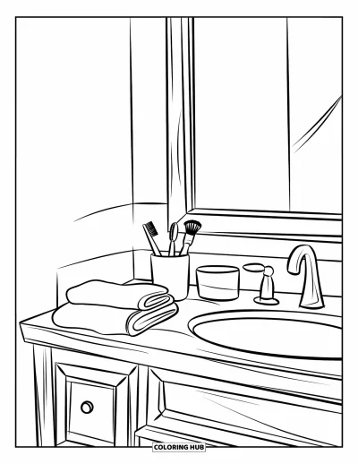 Coloriage de chambre pour enfants : Plan de salle de bain avec miroir, serviettes pliées et pot de brosses