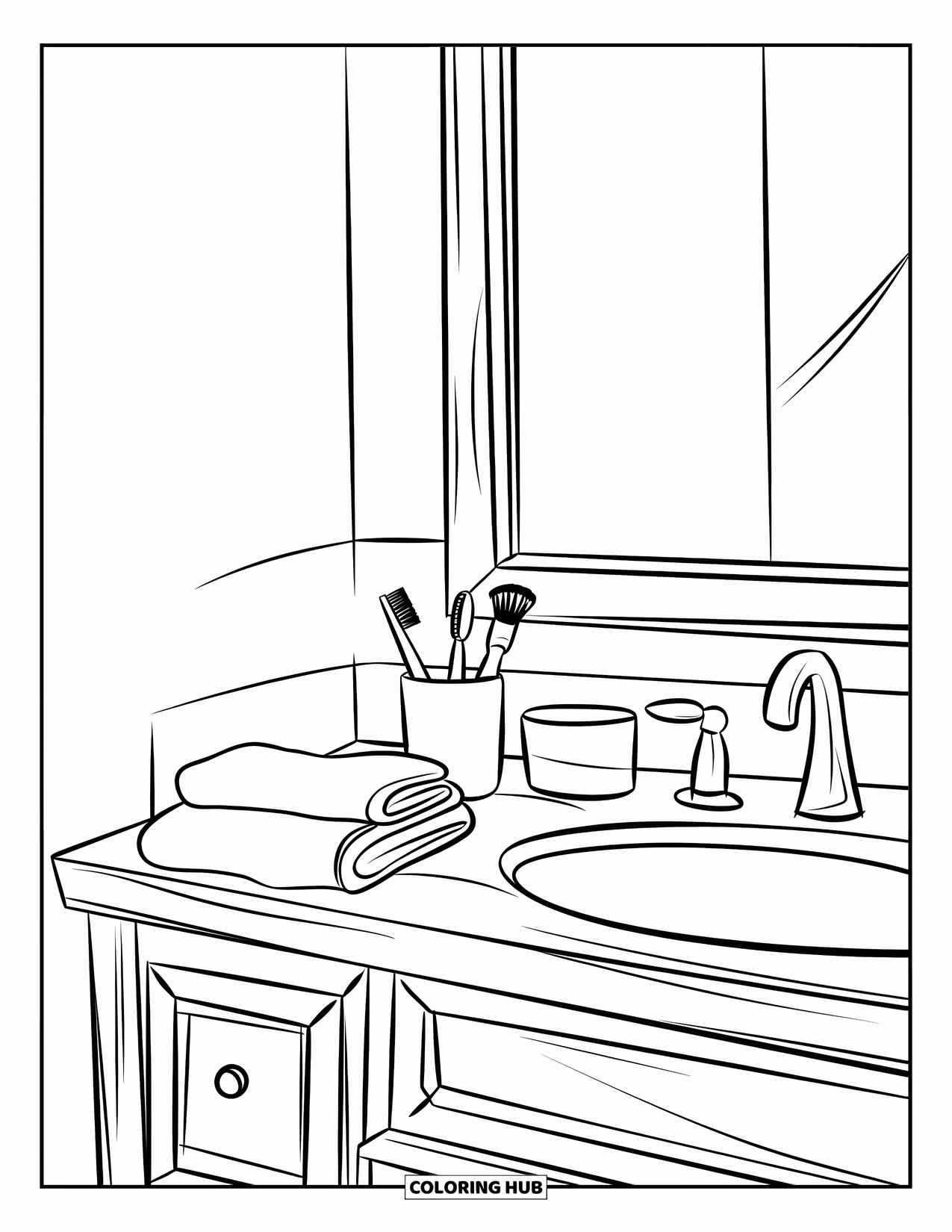 Room Coloring Page for Kids: Bathroom counter with mirror, folded towels, and a cup of brushes