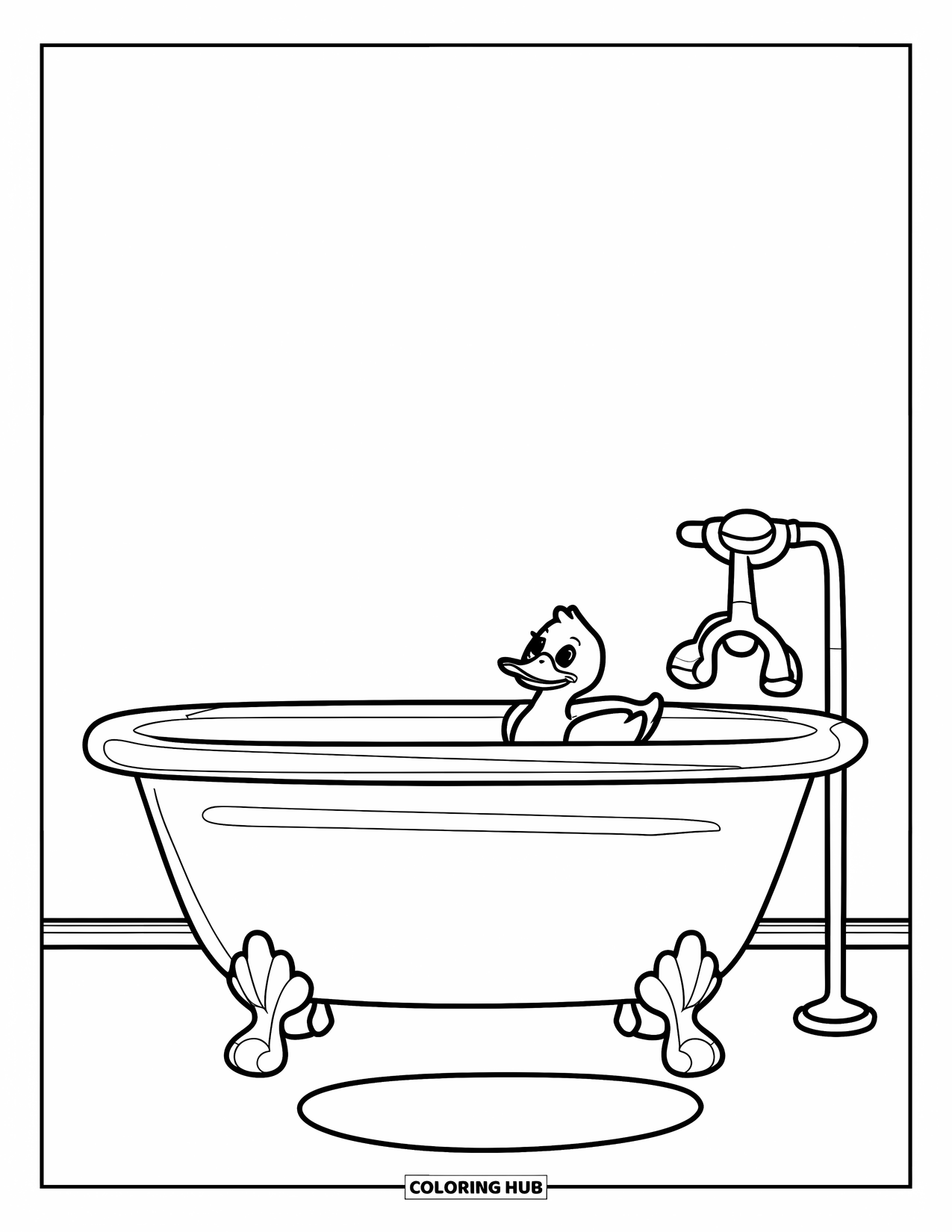 Room Coloring Page for Kids: Bathtub scene with toy duck and towel rack nearby
