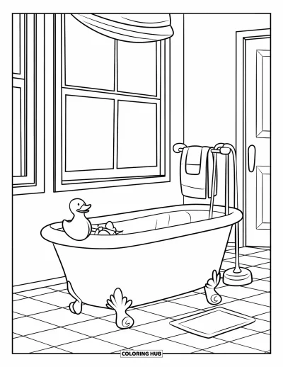 Coloriage de chambre pour enfants : Baignoire avec canard en plastique, porte-serviettes, fenêtre, porte et carrelage