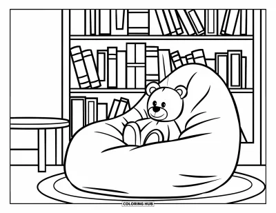 Coloriage de chambre pour enfants : Pouf avec ours en peluche, bibliothèque et table dans un joyeux coin lecture