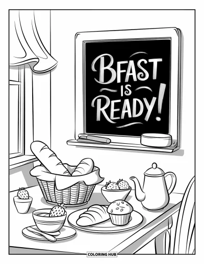 Coloriage de chambre pour enfants : Coin petit-déjeuner avec croissant, muffin, service à thé et tableau noir avec "Bfast is ready !"