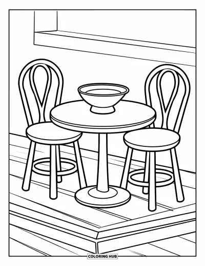 Coloriage de chambre pour enfants : Coin petit-déjeuner avec deux tabourets, bol et plateau en bois