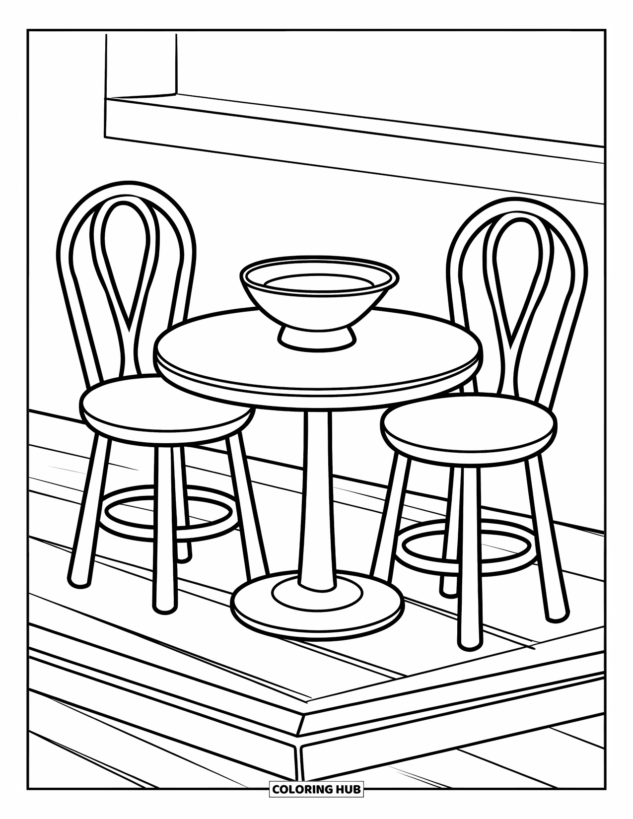 Room Coloring Page for Kids: Breakfast setup with two stools, bowl, and wooden platform